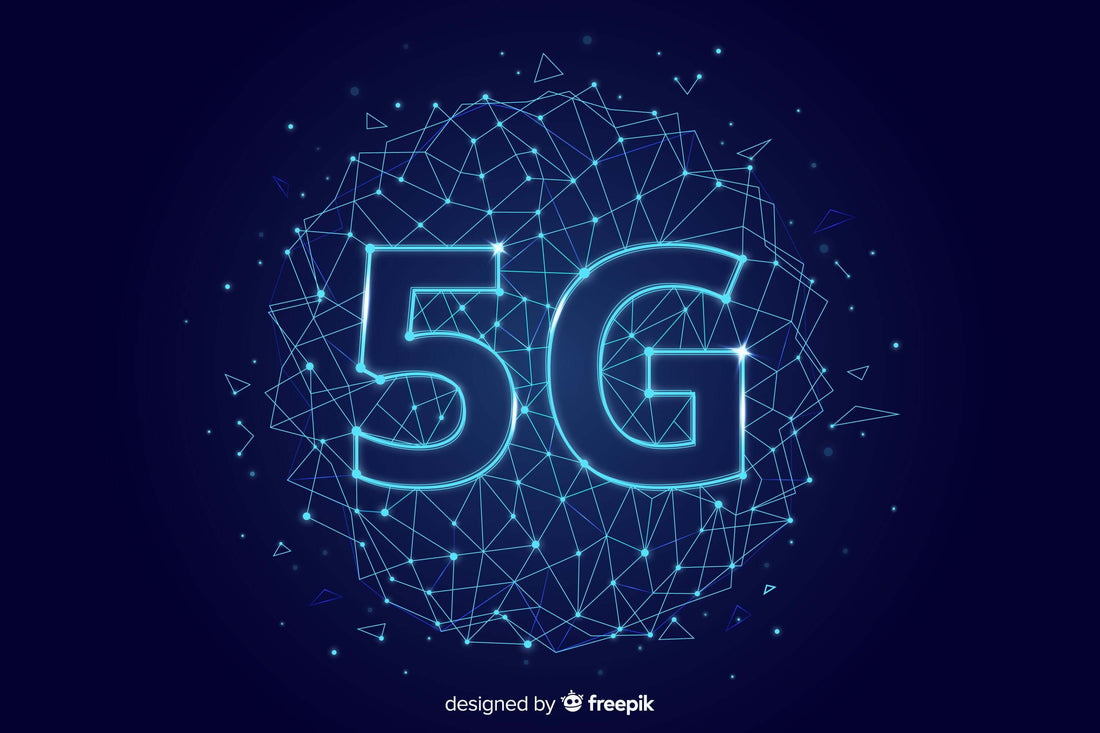A graphic representation of a 5G signal tower and a mobile phone and laptop in the foreground.